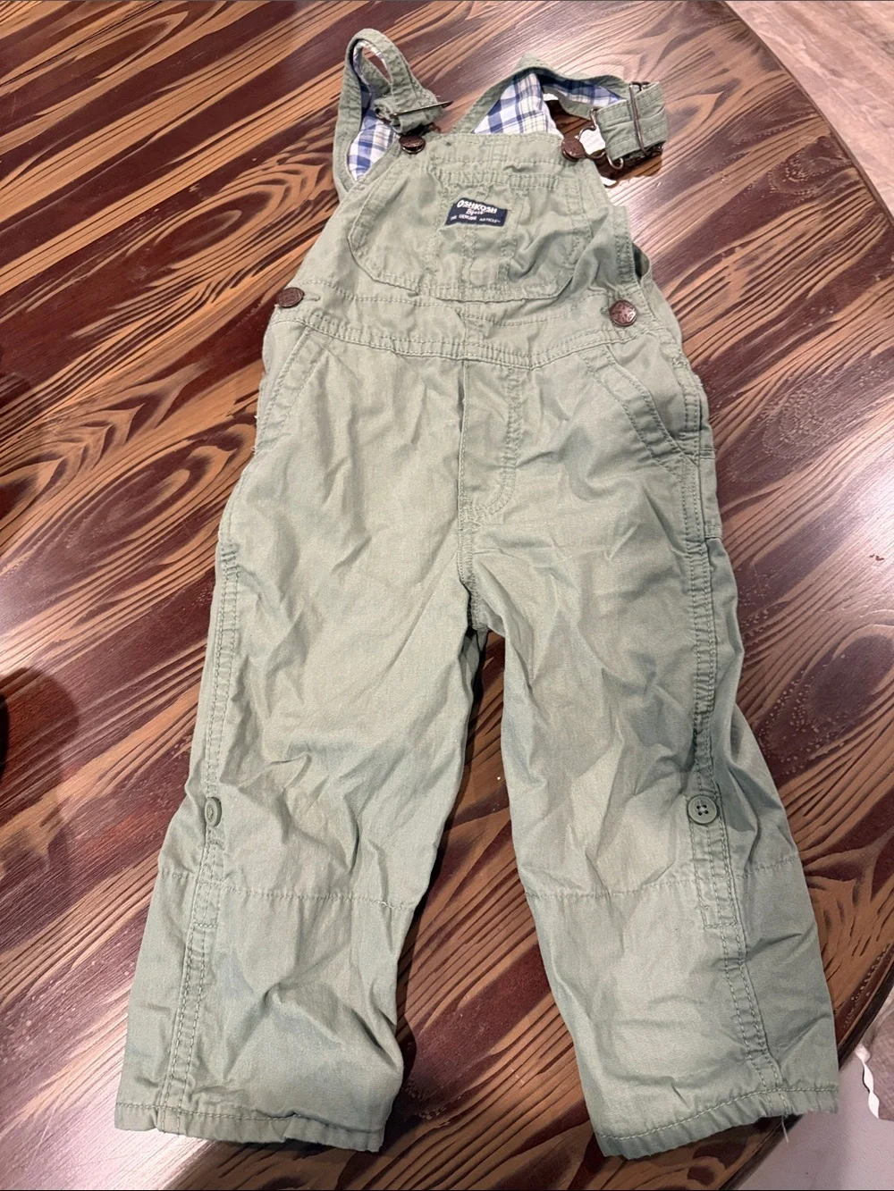 OshKosh B'gosh Olive Green Kids Overalls with Plaid Lining
